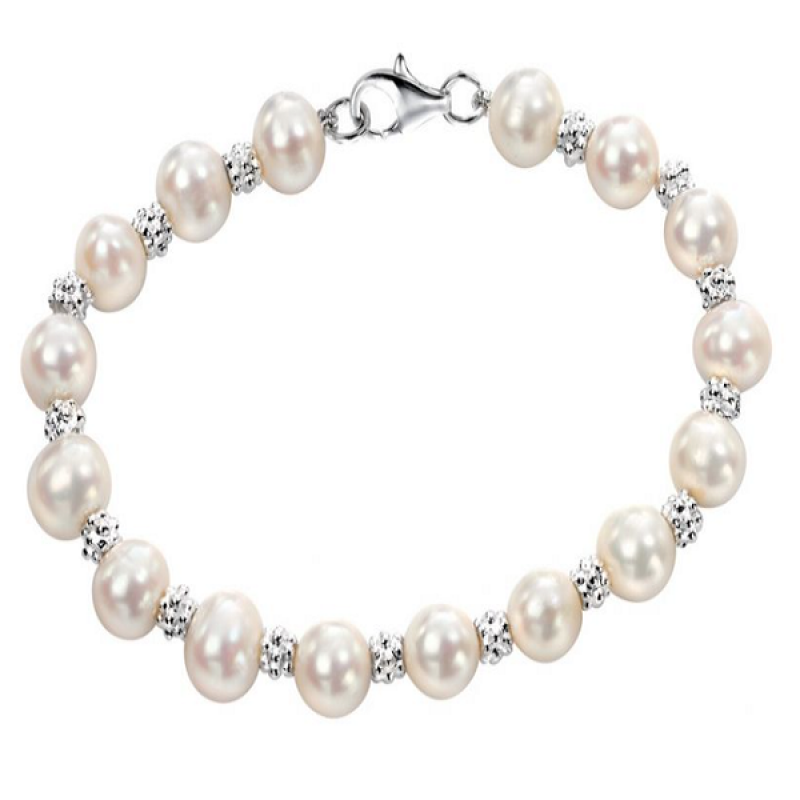 Freshwater Pearl in Sterling Silver Textured Design Bead Bracelet.